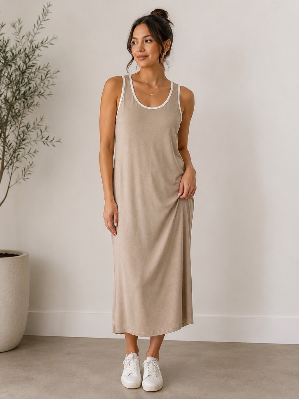 A New Day Beige Maxi Tank Dress | Contrast Trim Size Large NWT
